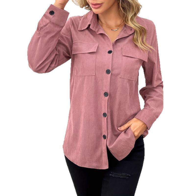 Damen S Vintage Corduroy Hemdjacke mit Umlegekragen, langen Ärmeln und Taschen