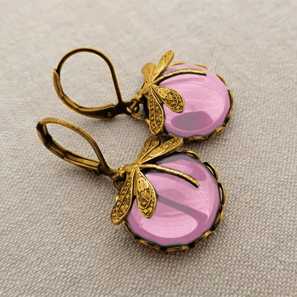 Retro European Mori pastoral earrings for women, imitation moonstone dragonfly earrings, round exquisite daily models