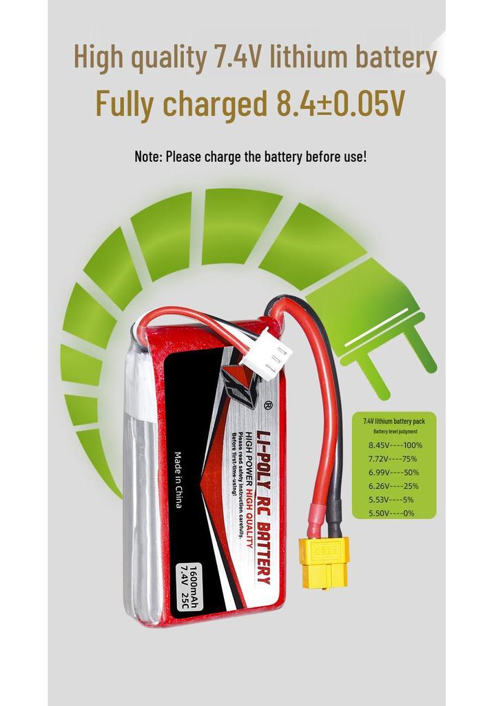 7.4V 1600mAh 25C Lithium Battery for Drones & Model Cars