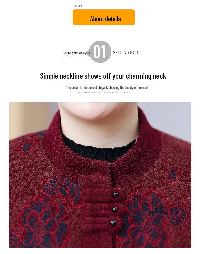 Stylish Plus Size Fleece-Lined Jacket for Middle-Aged and Elderly Women, Warm Cardigan for Moms, Fits Up To 200 Jin