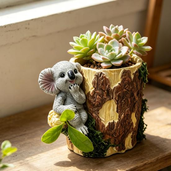 Artificial Stump Planter Resin Tree Bark Shape Flower Pot with Koala/Frog/Sloth Rustic Small Barrel