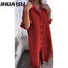 IHUASU Women's Fashion Summer Spring Solid Color Print POLO Neck High Waist Casual Dresses