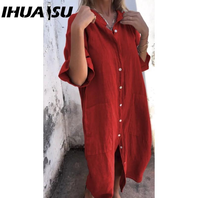 IHUASU Women's Fashion Summer Spring Solid Color Print POLO Neck High Waist Casual Dresses