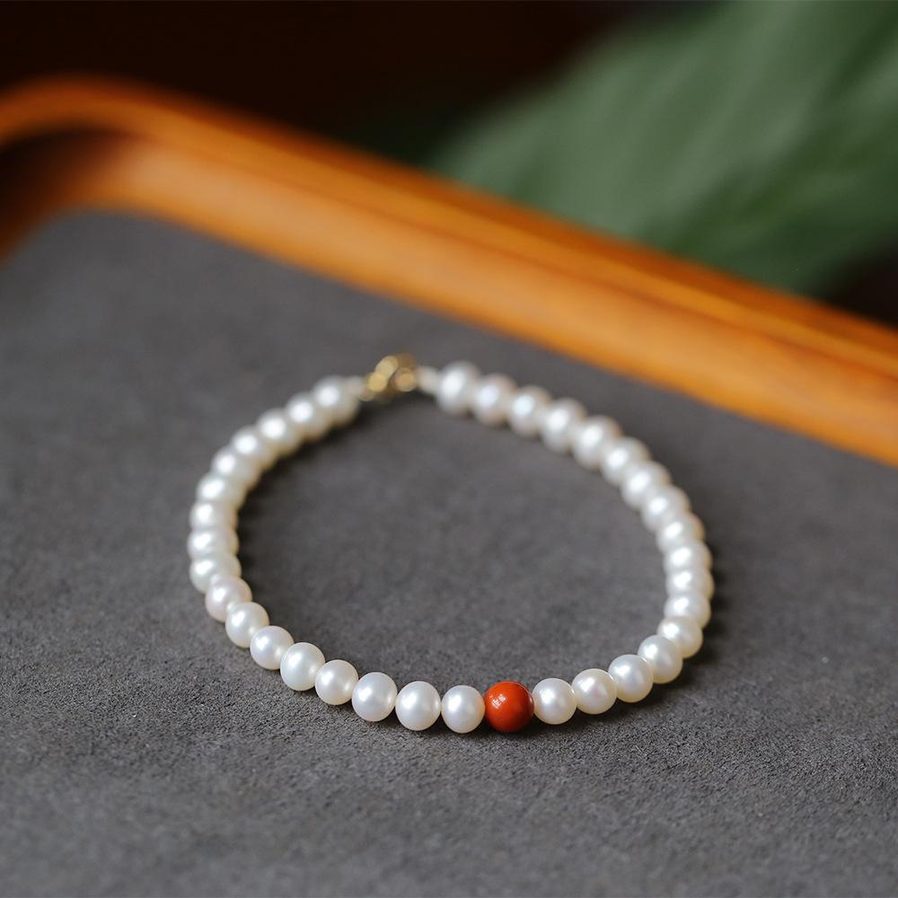 Recommended Natural Freshwater Pearl Bracelet for Women, Single Strand, New Spring/Summer Style Southern Red Agate with Beads Factory Supply