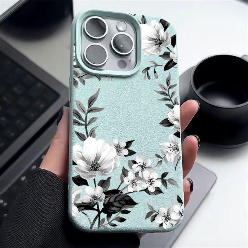 White Flowers Pattern  Luxury Leather Texture Silicone Case For IPhone 17 16 Pro Max 11 12 13 14 15 Pro Soft Phone Cover Fundas