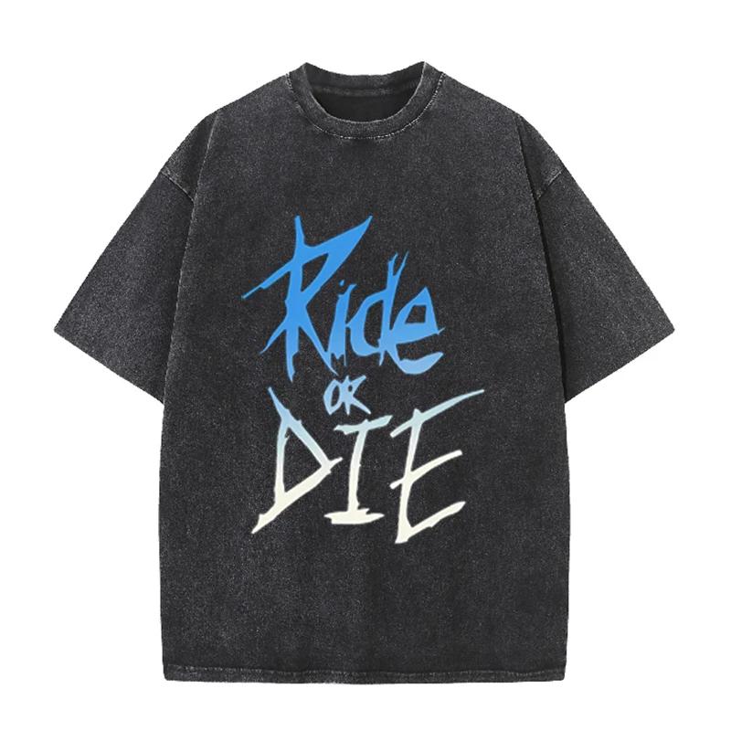 Ride Or Die Letter Print Vintage Washed T Shirt Unisex Punk Rock Casual Tee