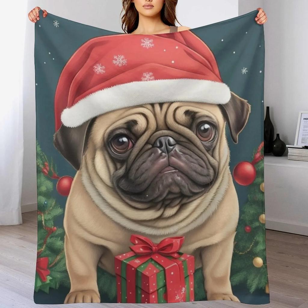 Black Pug Christmas Throw Blanket Shaggy Furry Soft Blanket for Bedroom Living Room