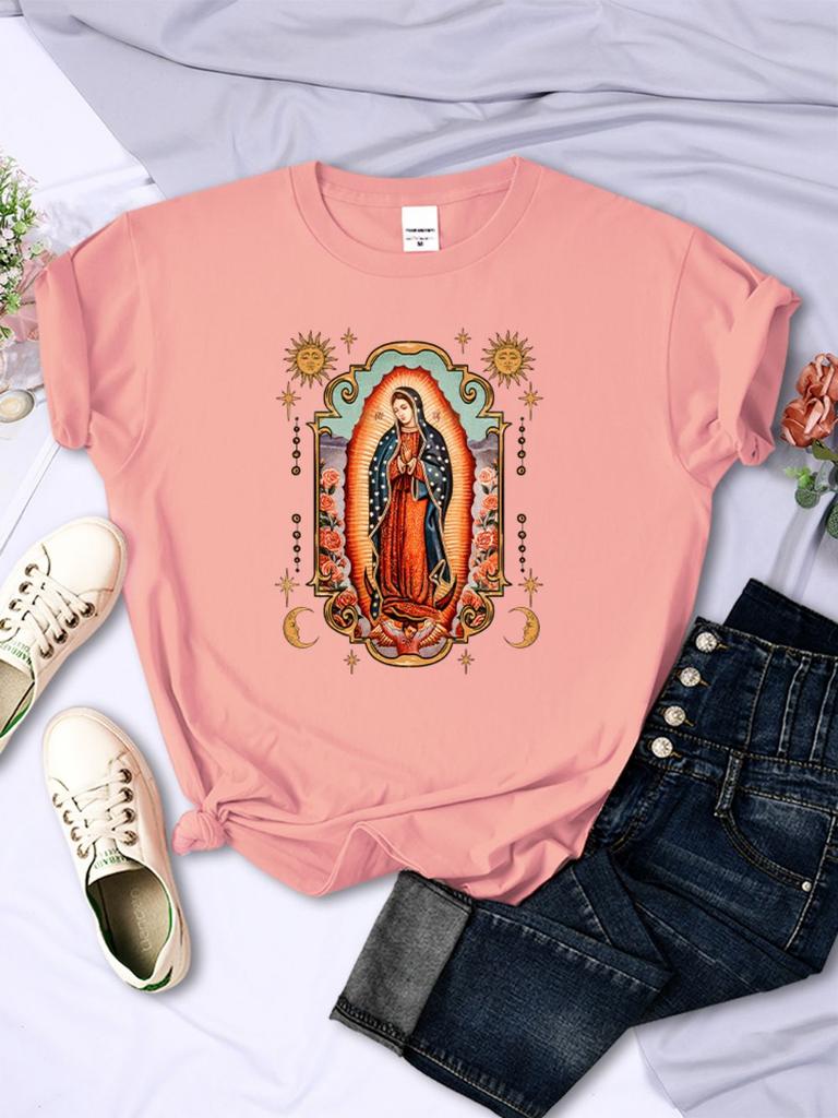 T-shirts pour femme Rue Notre-Dame de Guadalupe Imprimé T-shirts Confortable Col Rond Manches Courtes Douces Été Décontracté Vêtements Féminins