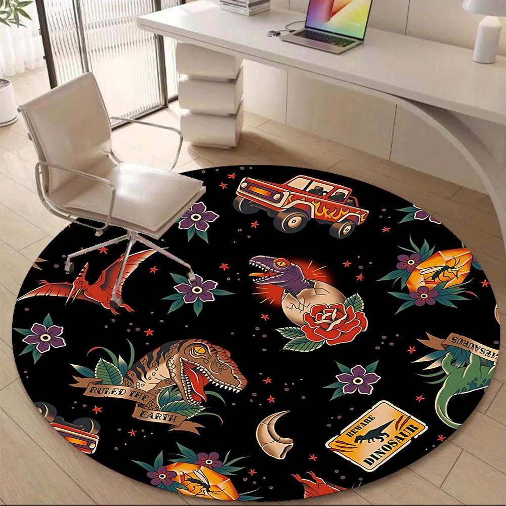 1PC Dinosaur Floral Office Round Area Rug, Mat Suitable For Office, Under Office Chairs Bedroom Living Room Home Decor, Room Deco