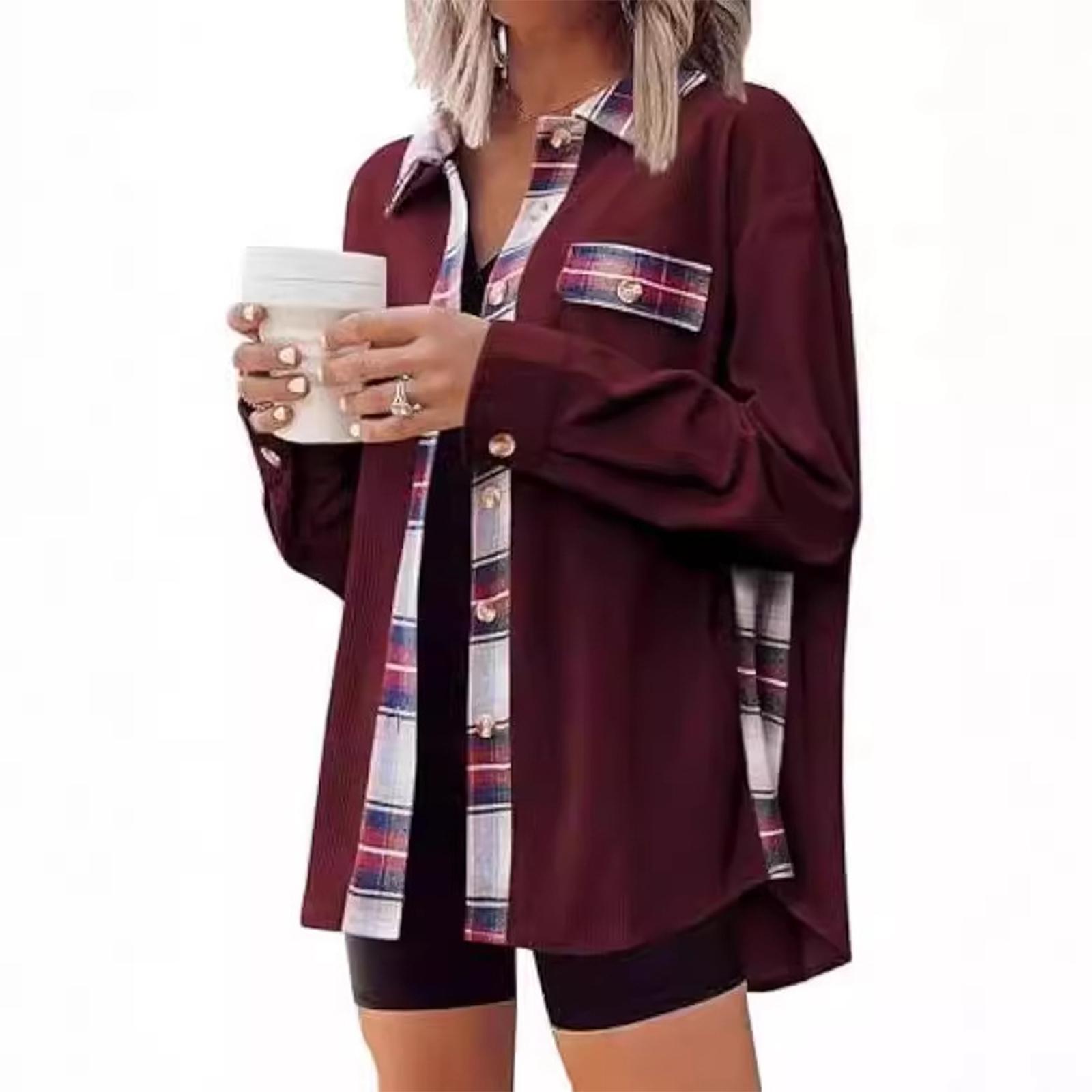 

Женская повседневная рубашка с V-образным вырезом и длинными рукавами в стиле колор-блок, свободная куртка-рубашка S