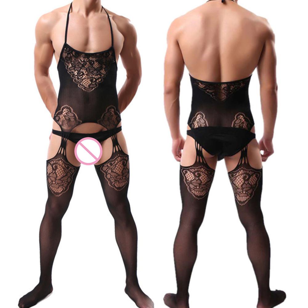 Tuta Pantacollant Rete Pizzo Uomo Sexy Pezzo Unico Bretelle Body Calze a Rete Cavallo Aperto Trasparente Crossdress Lingerie Body