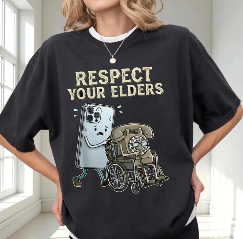 Respect Your Elders T-Shirt, Funny Tech Humor Tee, Retro Phone Gift 4XL