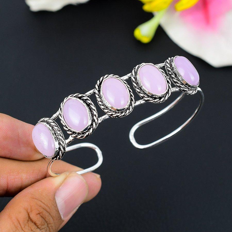 

Pink Chalcedony Gemstone 925 Sterling Silver Cuff Bangle Adjustable KG-256