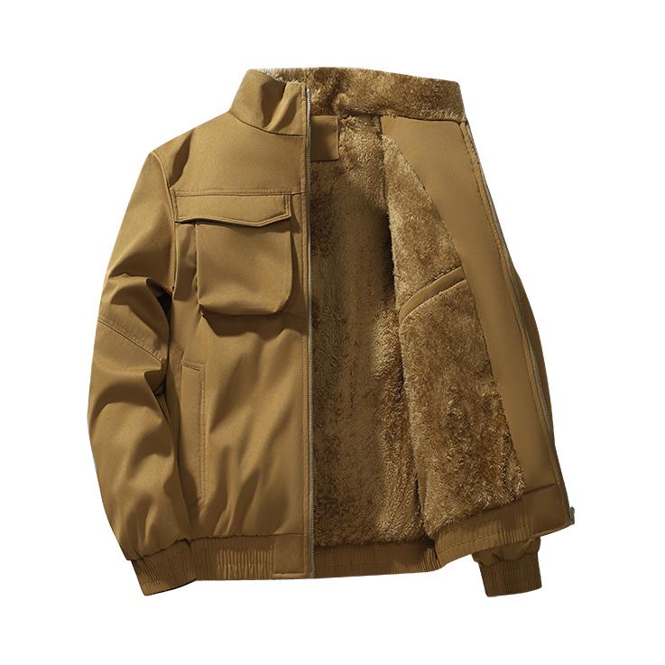 Plucked Lamb Wool Multi Pocket Fur Collar Cotton Jacket for Men In Winter, Solid Color Hooded Cotton Jacket