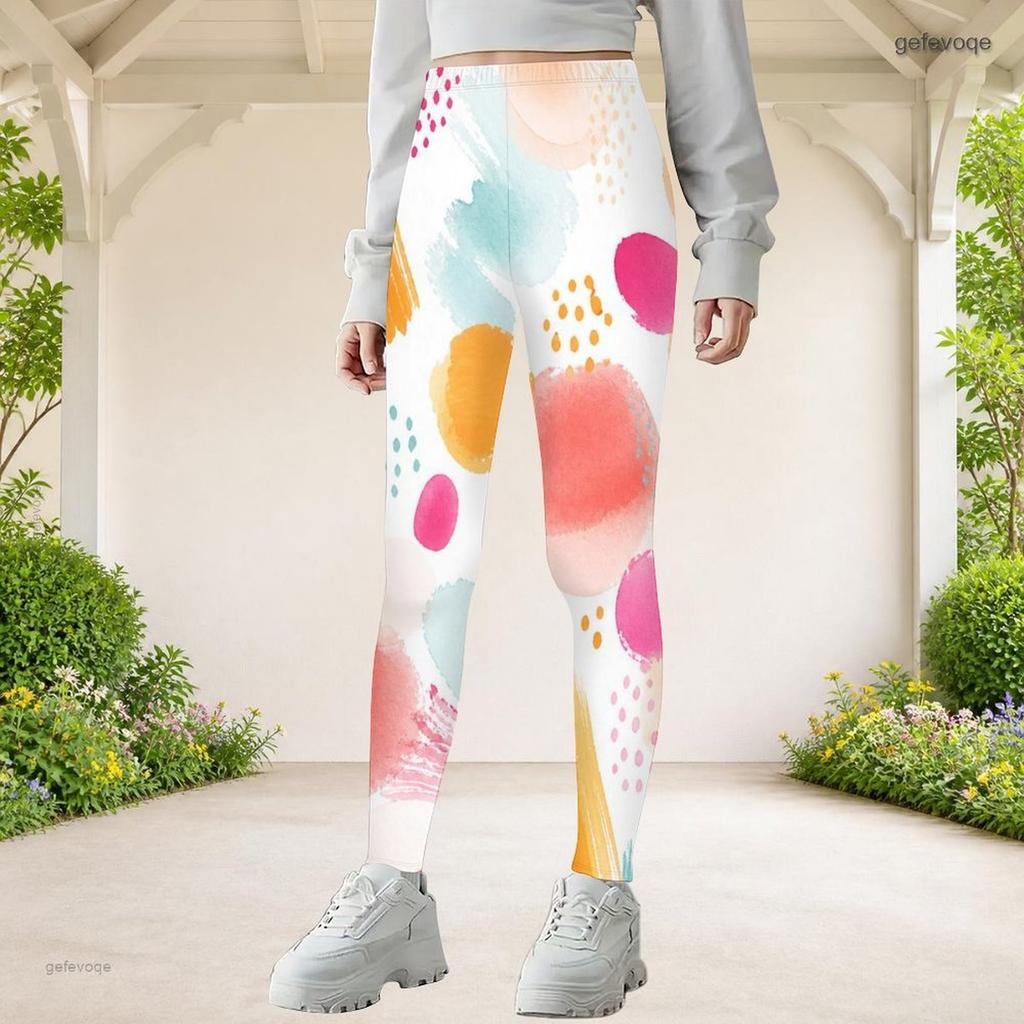 Girls Striped Dotted Printed Full Length Fitted Stretch Waist Yoga Leggings