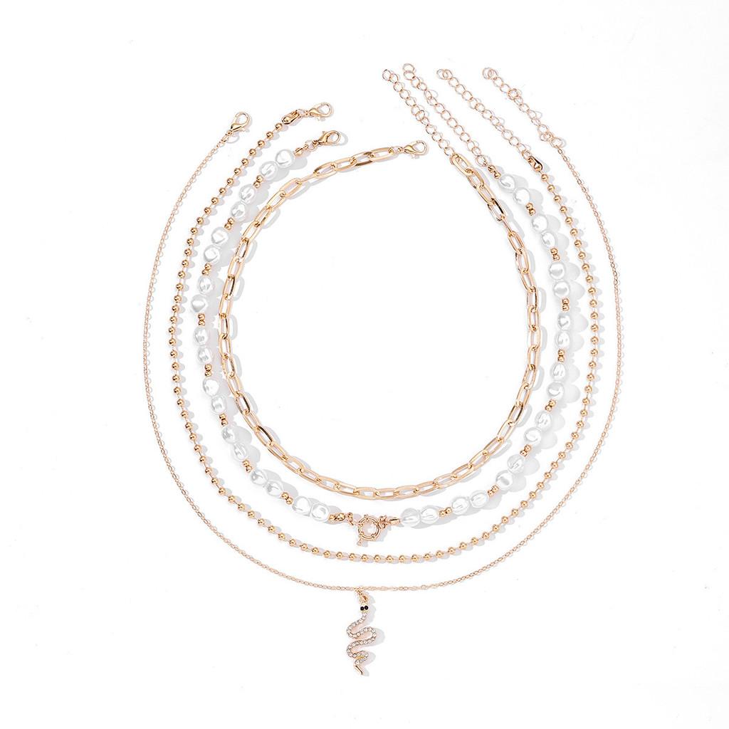 

Bohemian Faux Pearl Necklace With Zircon Snake Pendant For Women