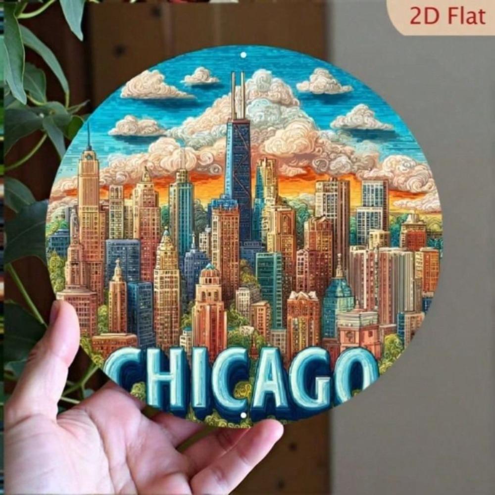 Chicago Silhouette Metal Wall Poster, Round Rustic Living Room Decor 7.87x7.87in