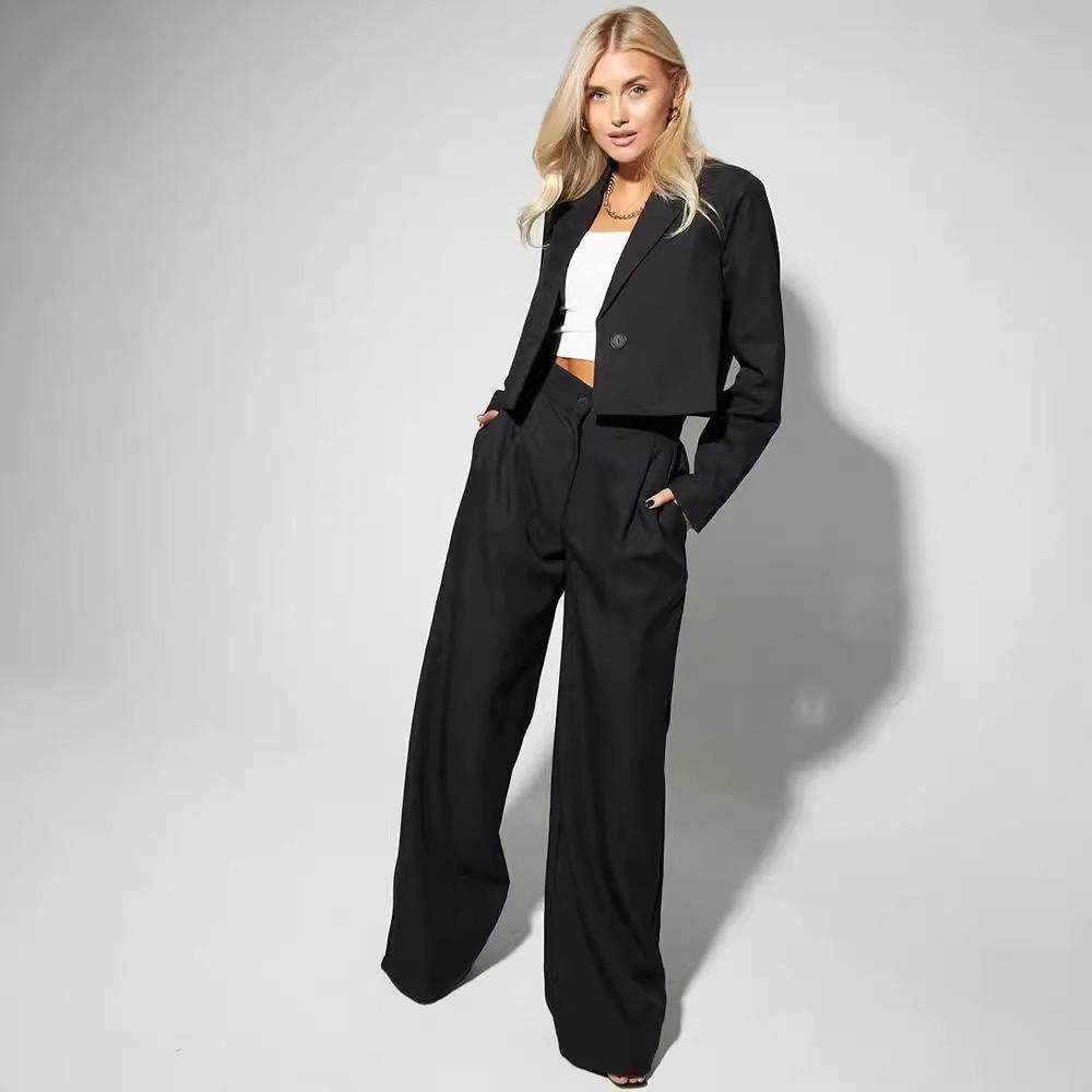 Women's Light Khaki Short Blazer and Wide-Leg Trousers Set