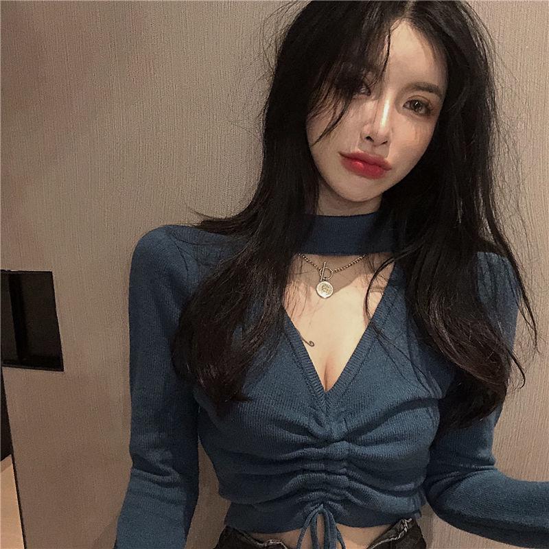 

Шикарный французский трикотажный топ с V-образным вырезом и длинными рукавами на весну One Size [37.5kg-60kg] синий