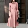 Women Casual Turn Down Collar 3/4 Sleeve Loose Dress