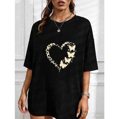 White Short Sleeve T Shirt With Leopard Heart And Butterflies Print Casual Summer Top For Women