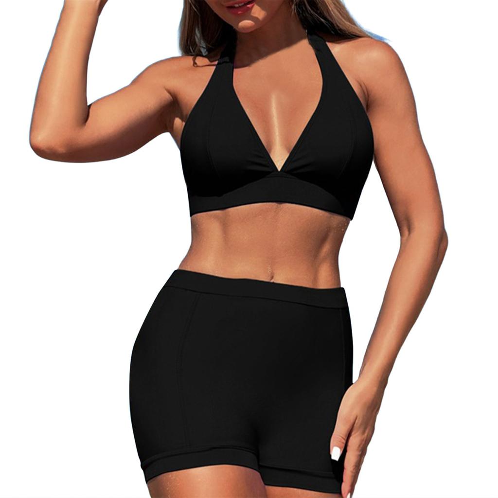 Women's Two-Piece Neck Bikini Set High Waist Swim Shorts with Push-Up Top for Beachwear