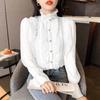 2023 Pleated Blusas Simple Ruffles Lace Shirt  Flare Long Sleeve Ruffled Stand Collar Blouse Women Fashion Elegant Tops 30049