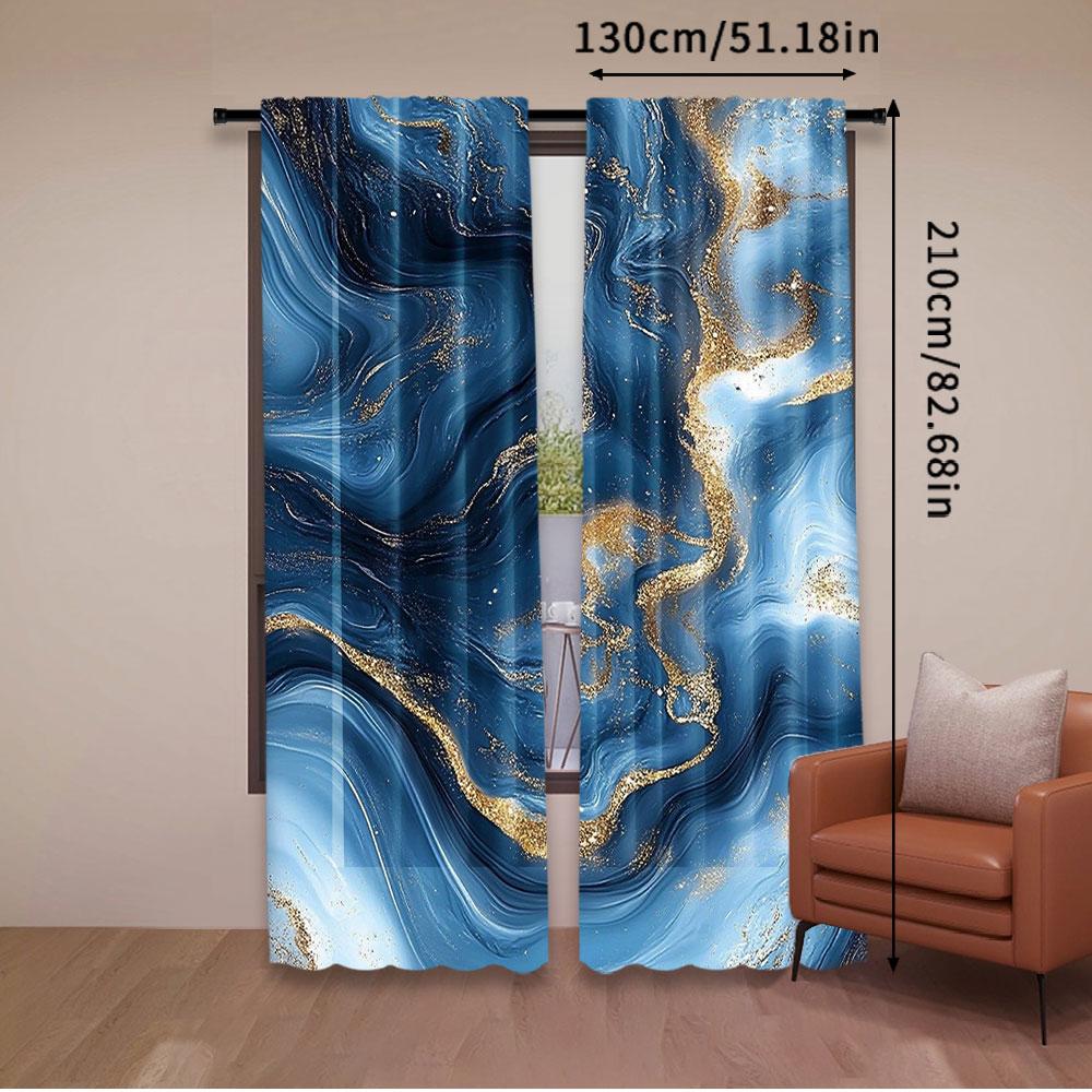 2Pcs Modern Simplistic Curtain Abstract Marble Luxury Art Beautiful Blue And Gold Decorative Window Drapes A