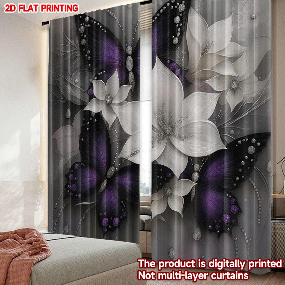 Flat Printing Happy Valentine Day Curtains Black Purple Butterfly White Flower Digital Printed Polyester Drapes Set Of 2 Made