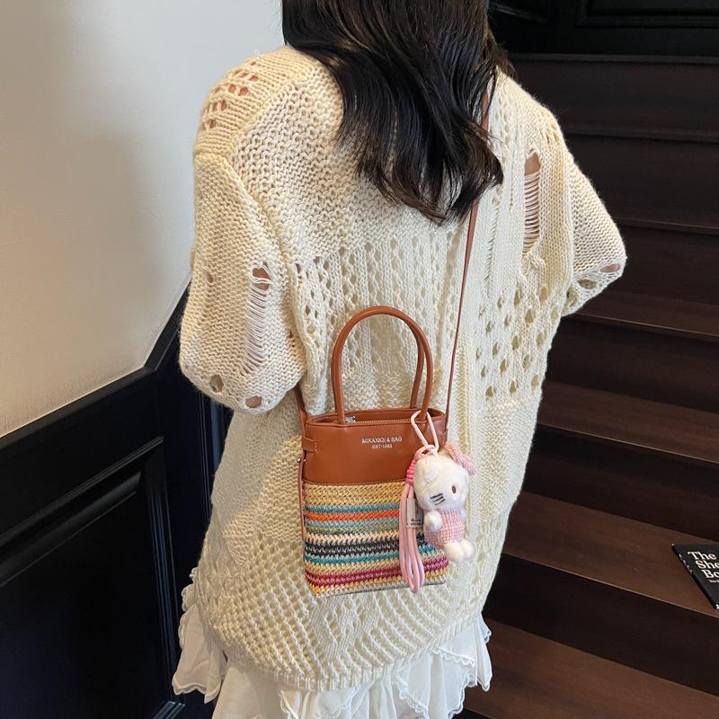 Color Contrasting Stripes Cute Bucket Bag 2025 Summer New Trend Niche Single Shoulder Braided Splicing Messenger Women's Bag