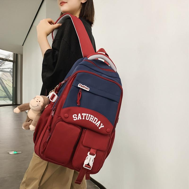 Junior High School Female Students' School Bag Contrasting Color Middle School Students' Backpack Trendy Cool New Large Capacity Couple Backpack