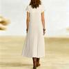Women's Fashionable Color Round Neck Short Sleeved Pocket Pleated Loose Dress