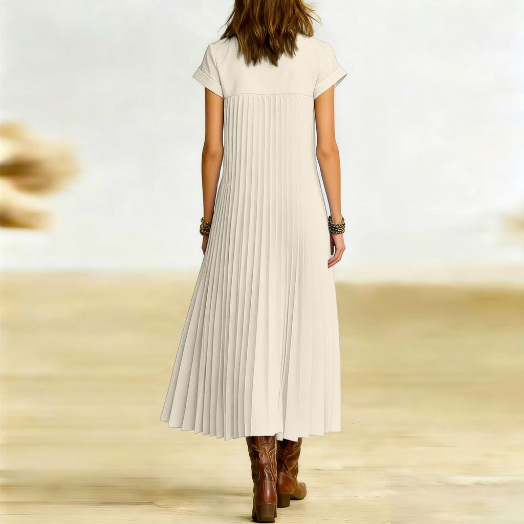 Women's Fashionable Color Round Neck Short Sleeved Pocket Pleated Loose Dress