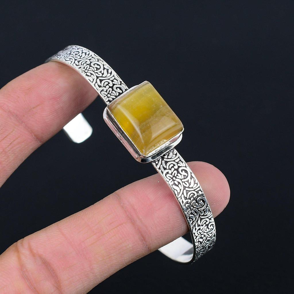Natural Multi Fluorite Gemstone Bangle Yellow Adjustable 925 Sterling Silver