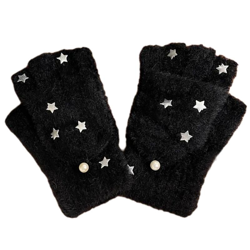 Half Finger Screentouch Gloves with Star Decors Soft Rex Rabbit Furs Short Gloves for Students Girl Winter Daily Wear