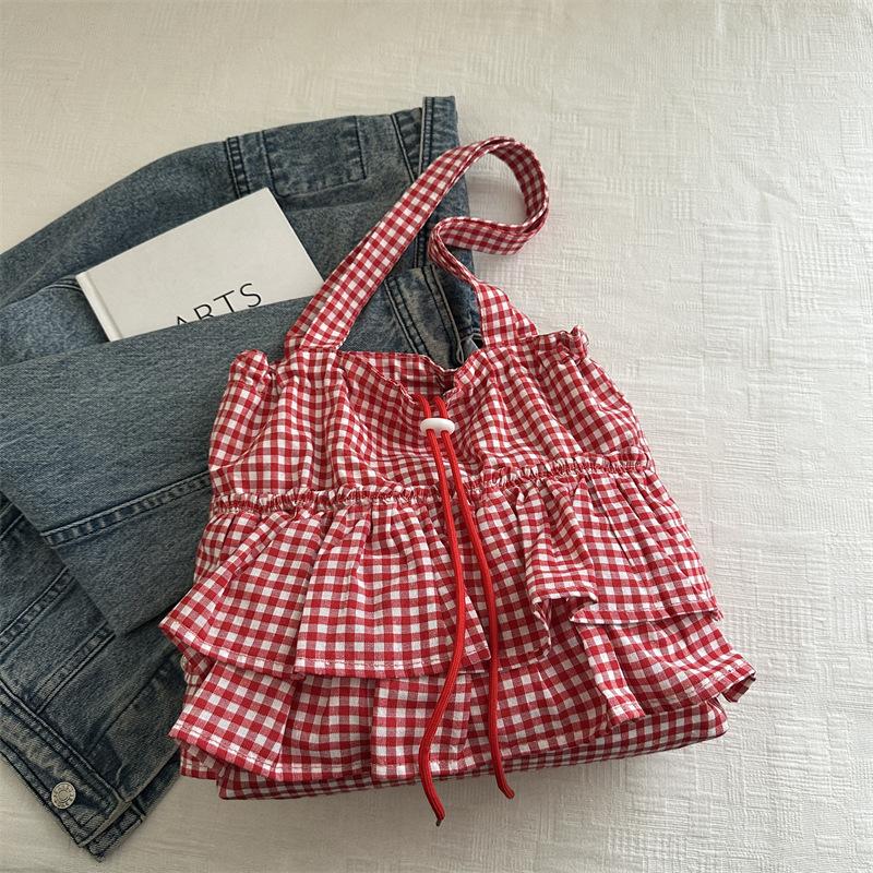 Cute Plaid Cotton Tote Bag Large Capacity Ruffle Handbag Large Capacity Shoulder Bags  Sweet Commuting Bag For Women Gift