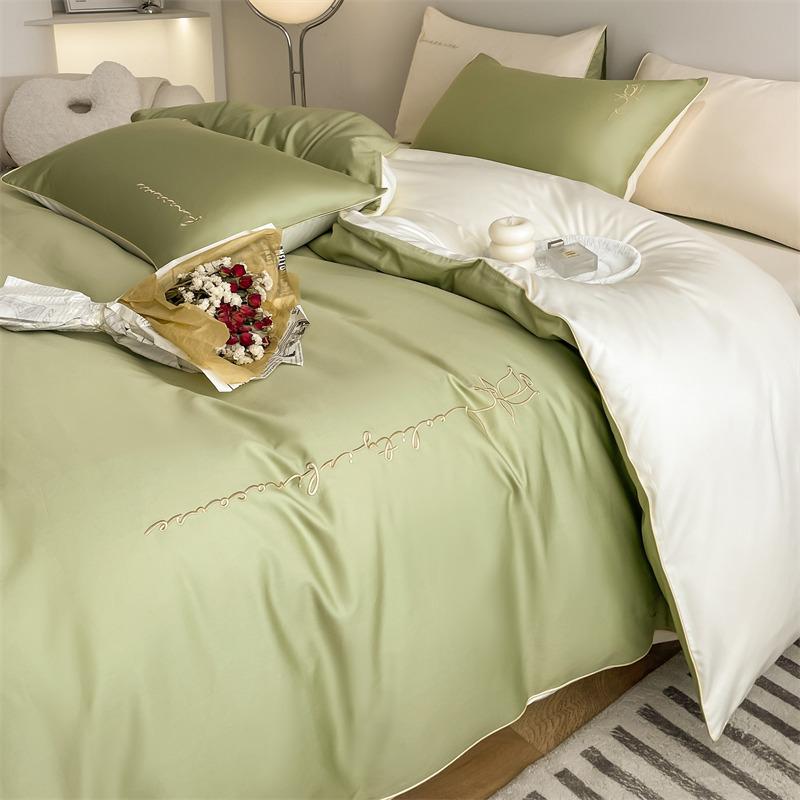 Embroidery Pure Cotton Four-piece Quilt Cover Solid Color Bed Sheet Light Luxury Style Bedding
