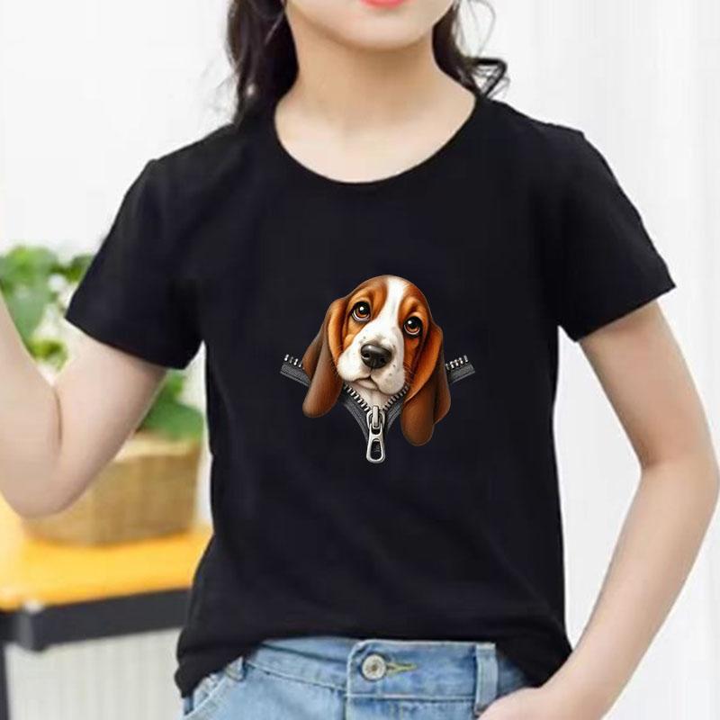 Kids Cotton T Shirt Cute Basset Hound Dog Zipper Print Crew Neck Short Sleeve Tee Casual Breathable Boys Girls Summer Tops
