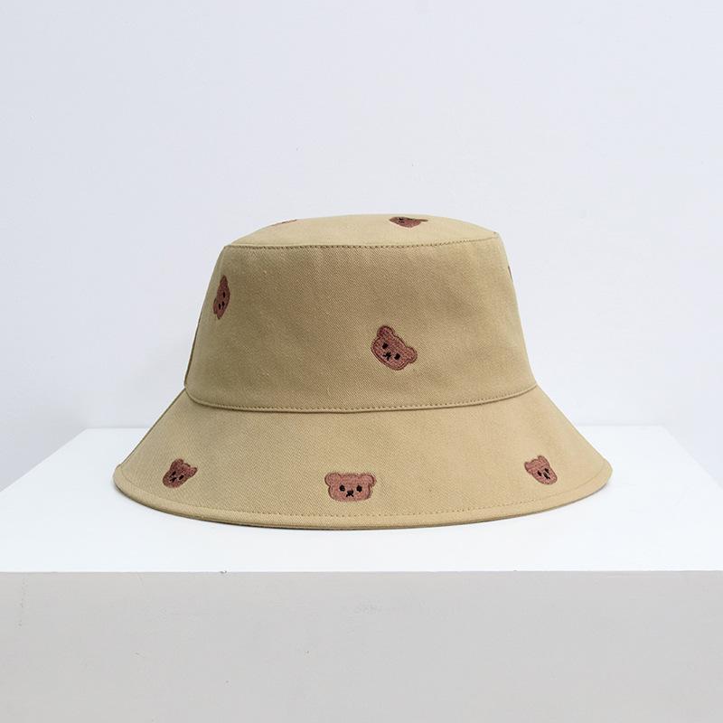 Women's Korean-style embroidered cartoon bear bucket hat, versatile sun protection hat, student face-shielding hat, trendy spring and autumn bucket