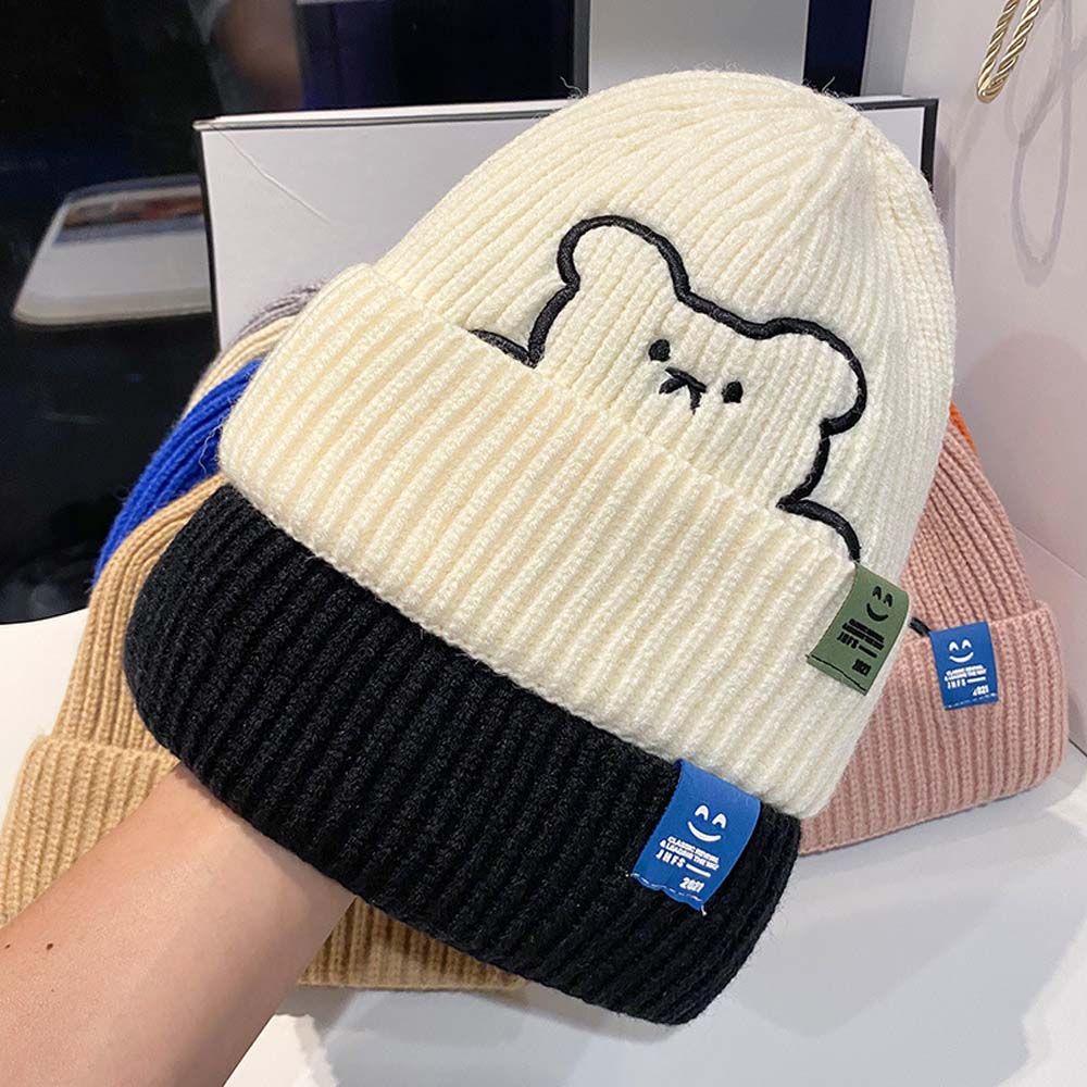 Warm Stripe Winter Embroidered Bear All-match Wool Hat Knitted Hat Korean Style Caps Women Beanies