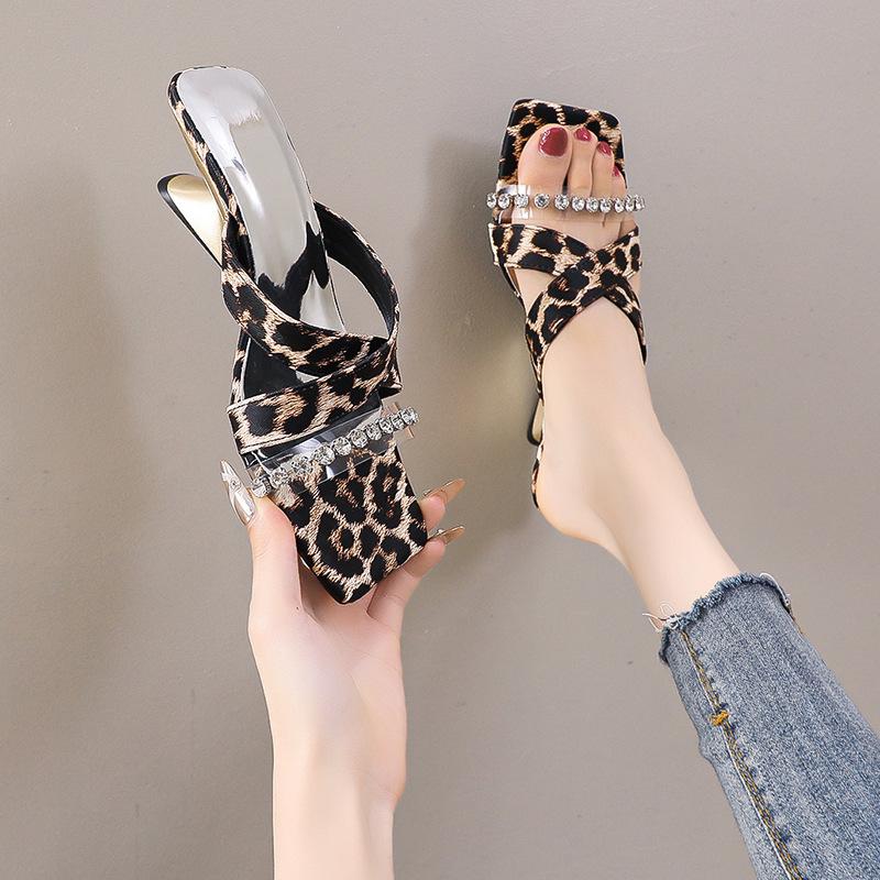Temperament Cross-strapped Rhinestone High-heeled Slippers Summer New Special-shaped and Leopard Print Cool Slippers Women