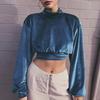 Women High Neck Velvet Crop Top Long Sleeve Pullover Loose Fit Short Length Soft Touch Elegant Simple Style Shirt Blouse