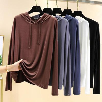 Camiseta com capuz de manga comprida feminina primavera e verão grandes jardas conjunto de cabeça solta fora da camisa de fundo tops finos