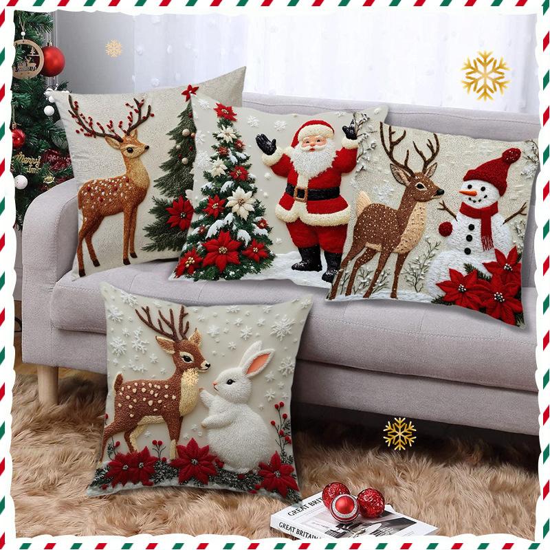 Christmas Pillow Cover Holiday Reindeer Rabbit Decorative Sofa Atmosphere Linen Cushion Cover Festive Home Decor
