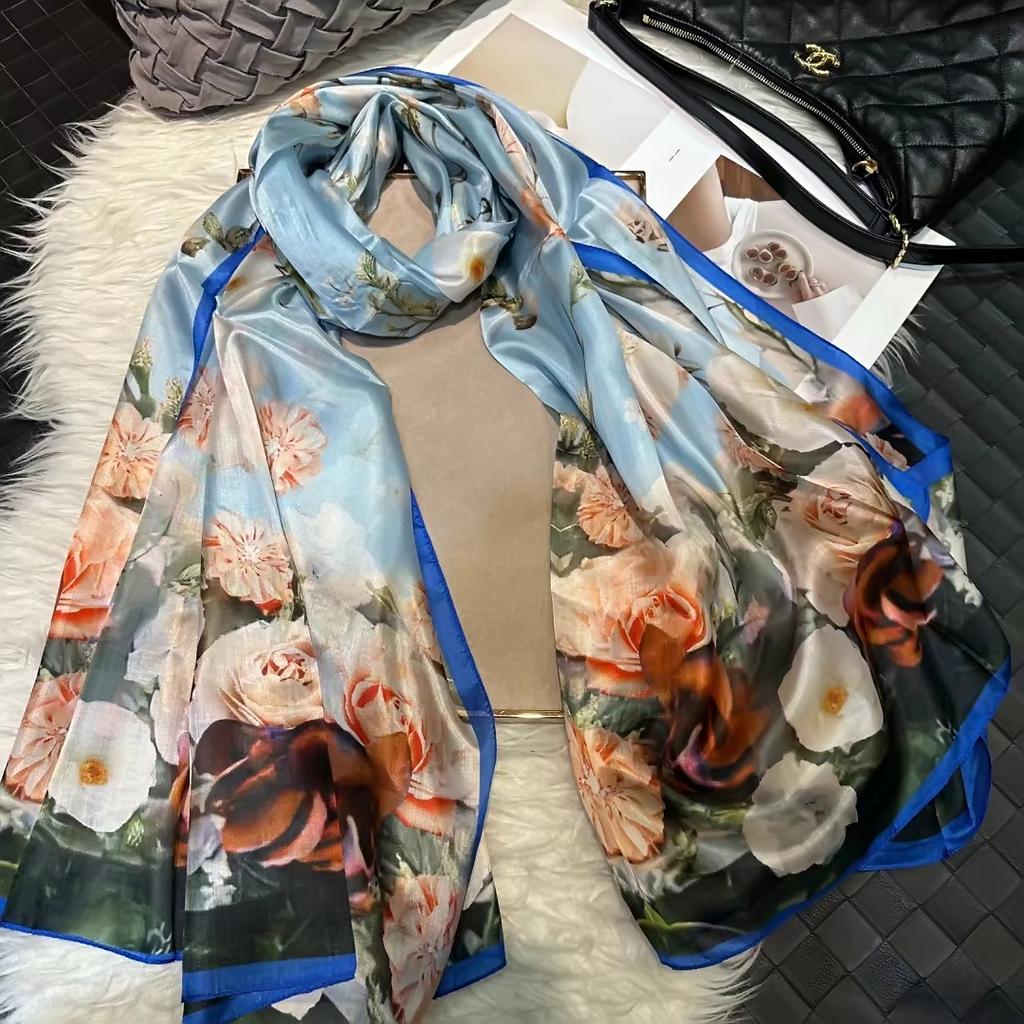 Biały100% Jedwabny Szalik Damskie Szaliki Bufandas Letnie Plażowe Szale Foulard Jesień Zima Markowy Wzór Kwiatowy Długie Szaliki na Szyję Hidżaby