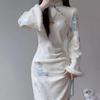 2026 Pink Qipao: Elegant Long Sleeve Winter Slimming Dress with Waist-Cinching Plus-Velvet.