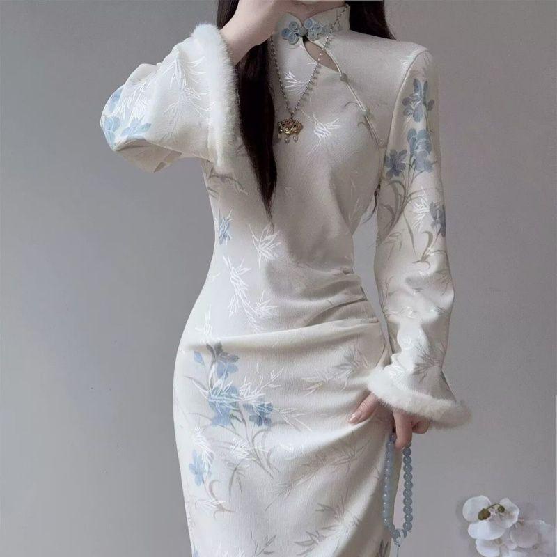 2026 Pink Qipao: Elegant Long Sleeve Winter Slimming Dress with Waist-Cinching Plus-Velvet.