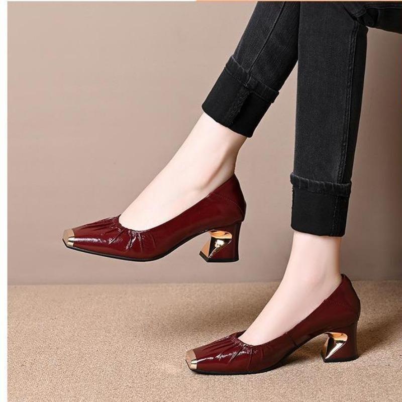 Fashion Ladies Elegant Fold Design Solid Color Simple Pumps Women's High Heels Soft Leather Metal Head Mid-heeled Dress Shoes Loafers
