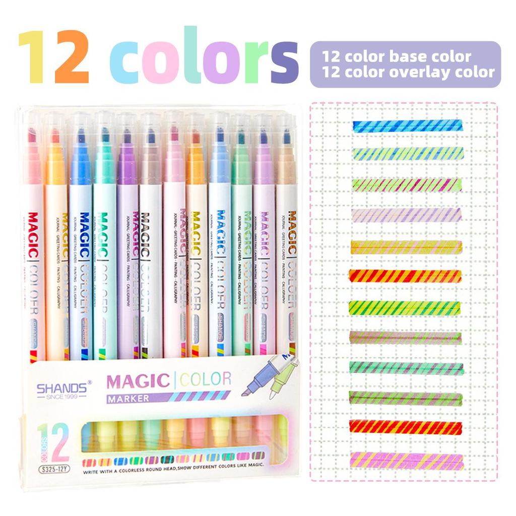 12-Color Double-Ended Fluorescent Pen Set - Color-Changing Highlight & Art Markers for Students