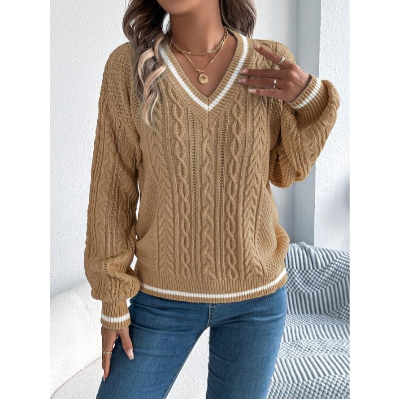 Autumn and Winter V-neck Twist Lantern Long Sleeved Pullover Sweater Women Loose Stripe Tops Ladies Fashion Elegant Casual Office Women's Clothing